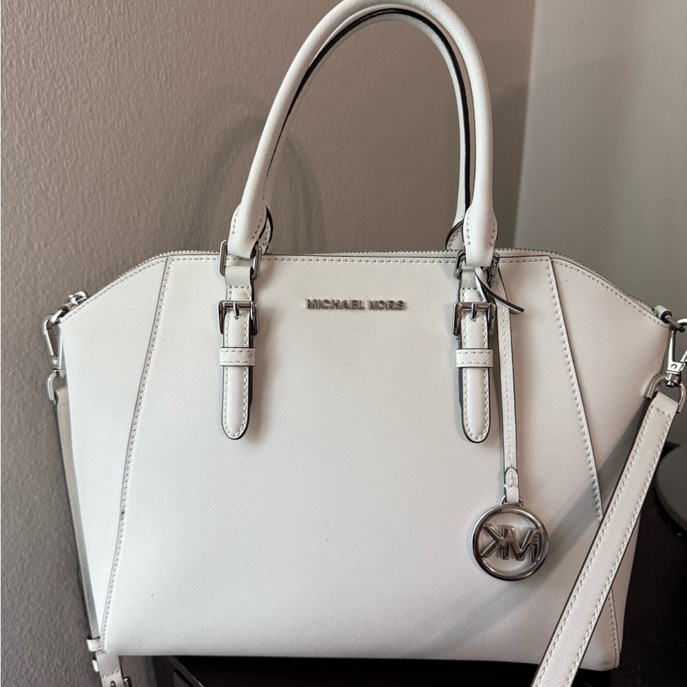 Michael Kors White Saffiano Leather Dome Satchel with Silver Hardware